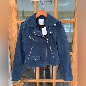 Mango Blue Suede Leather Moto Jacket, Size XS